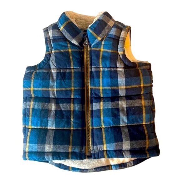 Old Navy Toddler Plaid Puffer Vest With Sherpa Lining Blue Yellow Size Boy 12M - Picture 6 of 8